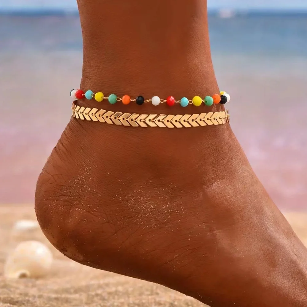 Double Layers Chain Anklet With Colorful Beads| Gold Plated Ankle Bracelet Set - Picture 1 of 5